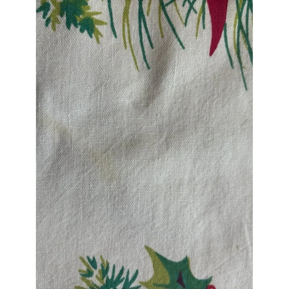 Vintage Christmas Tablecloth Red Bow Pinecone Holly Berry Evergreen Cream Print